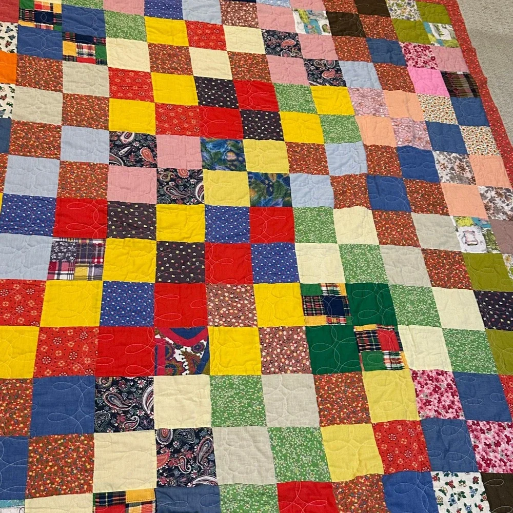 Handmade Patchwork Quilt Vintage Multi Color Scrap Block Red Floral Border 71x78